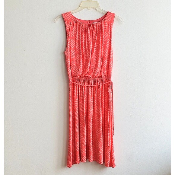 Ann Taylor Loft Dress Coral Orange Leaf Print Sleeveless Soft Stretch Tie XS - Picture 1 of 8